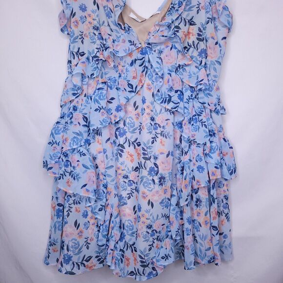 Lovers and Friends Dress Medium Baby Blue Floral Rae Mini Ruffle - Picture 3 of 9